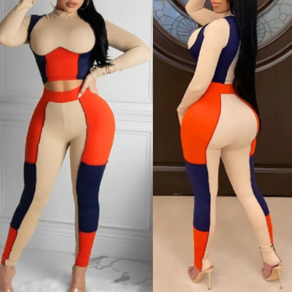 NWT Orange Tan Blue Mock neck Long Sleeve Top & Pants JADE SET